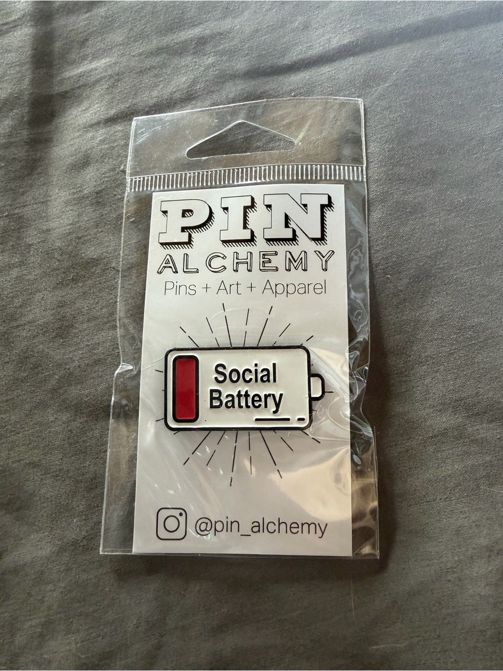 Pin Alchemy "Social Battery" Enamel Pin - White & Red